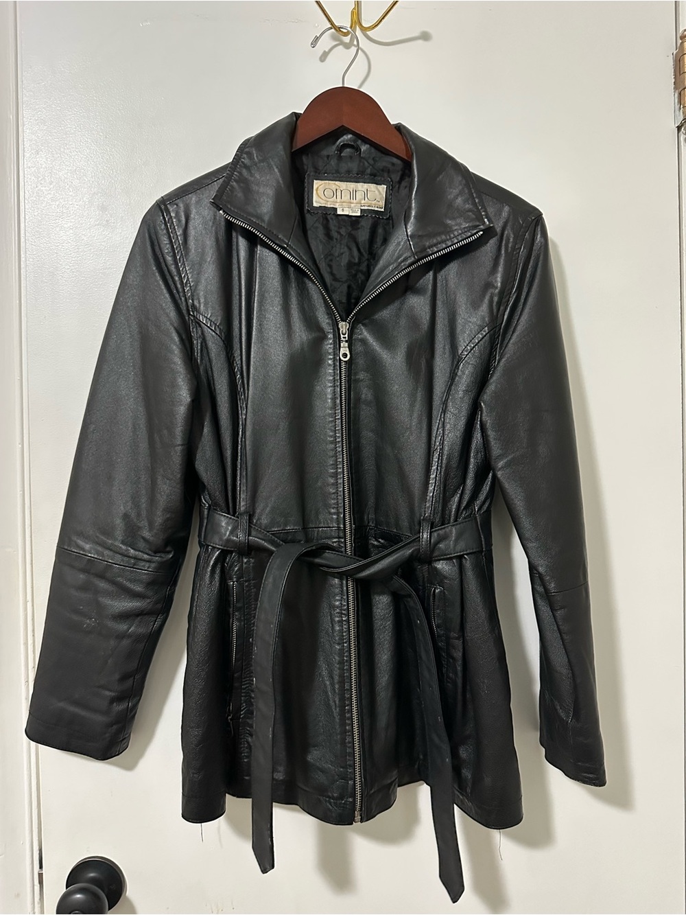 Classic Black Leather Zip-Through Belted Jacket